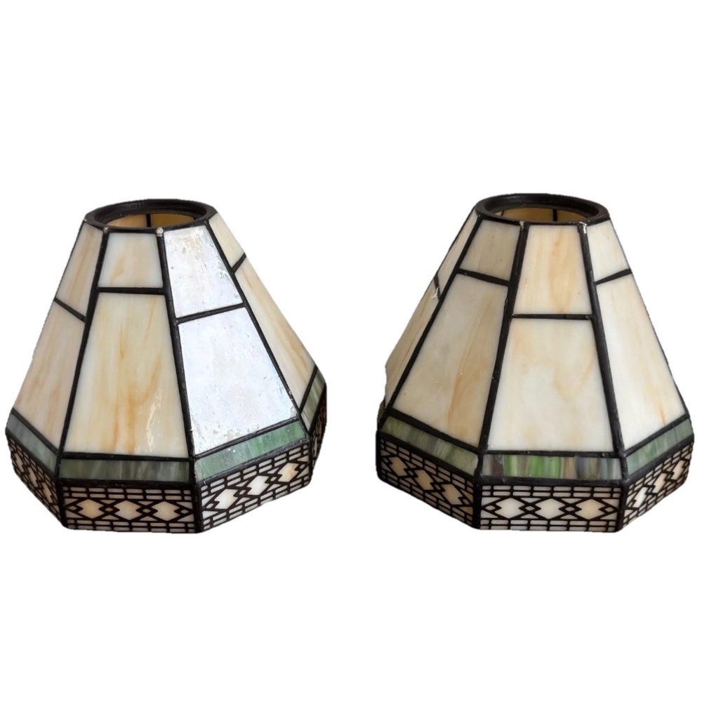 Stained Glass Mosaic Table Lamp Shade Pair in Ivory and Green